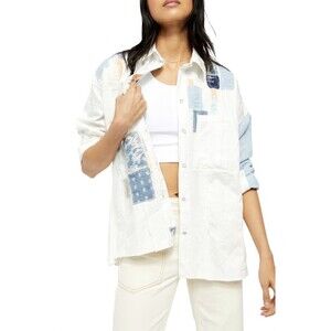 Free People Costa Ballena Patchwork Button Up Shirt White Size Medium EUC